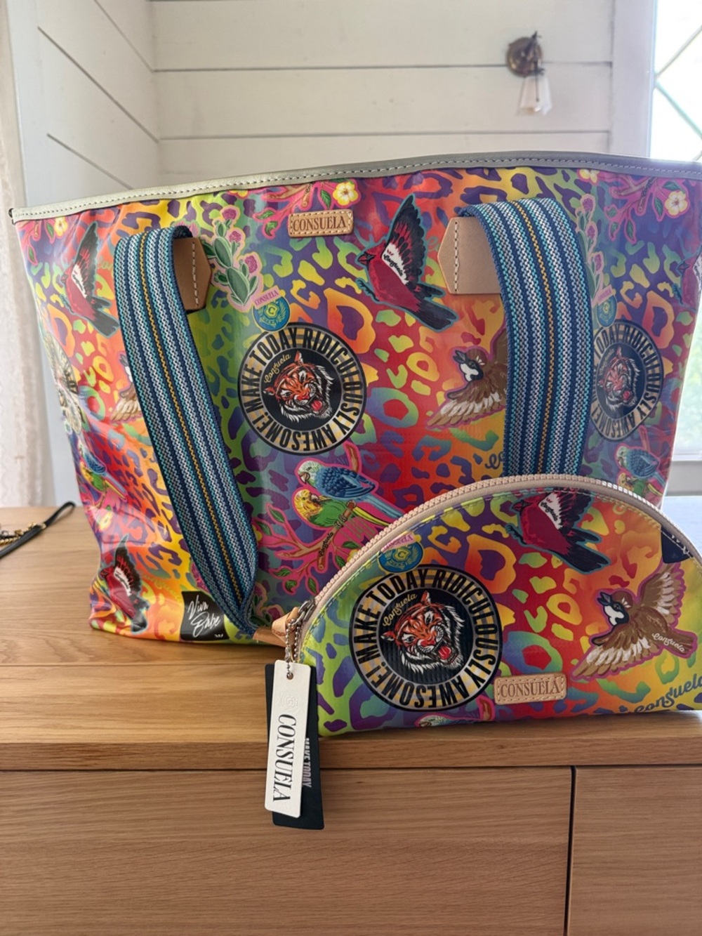 Consuela Rainbow Leopard Floral Tote with Striped Straps + Small Travel Bag